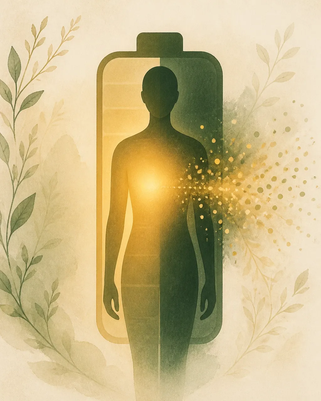 Illustration of energy contained within a human-centered battery and energy gently leaking away from a bright heart-centered source